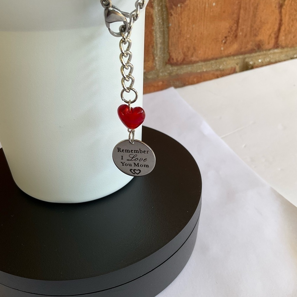 Hand Crafted Cup Handle Charm with Mom Charm and Heart Bead Red Silver - Picture 4 of 11